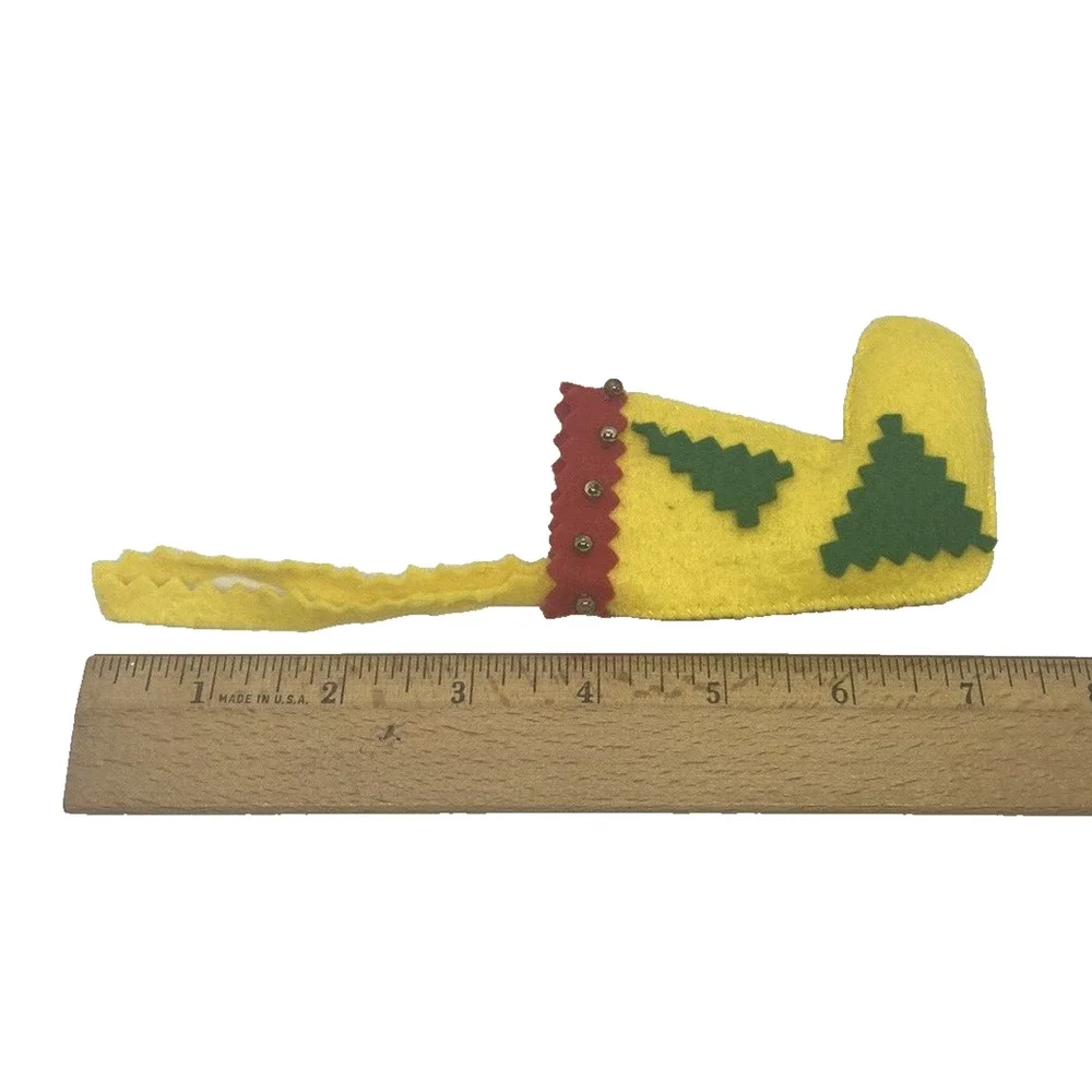 Vintage Christmas Stocking 3 1/2” Felt Yellow Red Green Beads Tree Holiday Gift
